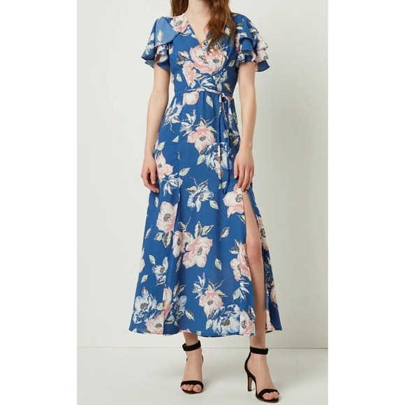French Connection Womens Cari Crepe MIDI Tea Dress Blue Floral Sz 8 - Picture 1 of 15